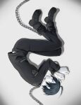  1boy ahoge artist_name black_footwear black_hair black_jacket black_pants chain closed_eyes closed_mouth danganronpa_(series) danganronpa_v3:_killing_harmony from_above gradient_background grey_background highres jacket lying male_focus mang_ye on_side pale_skin pants saihara_shuichi short_hair solo striped striped_jacket striped_pants 