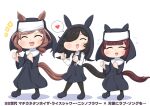  3girls absurdres animal_ears aonoji black_dress black_footwear black_hair black_pantyhose blunt_bangs bob_cut brown_hair cosplay dress ear_piercing ears_through_headwear facing_viewer full_body habit hair_ornament hair_over_one_eye hairclip heart highres horse_ears horse_girl horse_tail long_hair matikane_tannhauser_(umamusume) multiple_girls nishino_flower_(umamusume) nun pantyhose piercing rice_shower_(umamusume) shirt short_hair simple_background sister_act sister_mary_robert sister_mary_robert_(cosplay) spoken_heart tail umamusume white_background white_shirt x_hair_ornament 