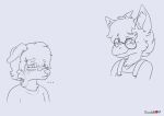 anthro bandaid_on_face canid canine canis chocolatekitsune clothing domestic_dog dragon duo ears_down ellipsis embarrassed eyewear female glasses happy line_art looking_at_another looking_away male male/female mammal overalls pivoted_ears signature