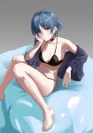  1girl :/ absurdres bare_legs barefoot bikini black_bikini black_choker blonde_hair blue_hair blue_jacket bocchi_the_rock! breasts choker closed_mouth dot_nose ear_piercing earrings expressionless eyes_visible_through_hair feet grey_background hand_on_own_chest highres innertube jacket jewelry kagura-chitose_(pixiv_68338191) legs looking_at_viewer medium_breasts navel piercing short_hair sitting solo stud_earrings swimsuit toes yamada_ryo yellow_eyes 