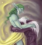 2011 big_nose blizzard_entertainment clothed clothing duo embrace green_hair hair humanoid long_ears long_hair male male/male nude romantic romantic_couple smile taliamirai topless troll tusks warcraft white_hair
