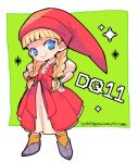  1girl 73_(naa) blonde_hair blue_eyes blunt_bangs bracelet braid closed_mouth copyright_name dated dragon_quest dragon_quest_xi dress full_body hat jewelry long_hair looking_at_viewer puffy_short_sleeves puffy_sleeves red_dress red_headwear short_sleeves signature smile solo standing twin_braids veronica_(dq11) 