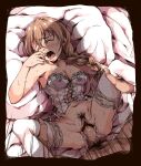  1boy 1girl 2tv-13101-00 baba_konomi bar_censor bed_sheet black_border blush border bottomless braid braided_ponytail breasts brown_hair censored closed_eyes female_pubic_hair hair_between_eyes hair_flaps hand_on_another&#039;s_thigh hetero highres holding_another&#039;s_leg idolmaster idolmaster_million_live! lying male_pubic_hair medium_breasts missionary navel on_back on_bed open_mouth penis pillow pubic_hair pussy sex shadow single_braid spread_legs thighhighs vaginal white_thighhighs 