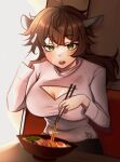  animal_ears breasts brown_hair cardigan chiisaisan chopsticks cleavage cleavage_cutout clothing_cutout food green_eyes hand_on_own_head highres noodles open_cardigan open_clothes open_mouth original ramen sweat 