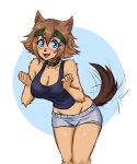  anthro blue_eyes blush breasts brown_body brown_fur brown_hair clothed clothing dojipan fangs fluffy fluffy_tail fur furred_kobold hair japanese_kobold mammal monster_girl_(genre) monster_musume multicolored_body multicolored_fur open_mouth open_smile polt_(monster_musume) simple_background smile tongue two_tone_body two_tone_fur 