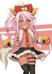  1girl animal_ear_fluff animal_ears animal_hands bare_shoulders bell black_skirt black_thighhighs blush bow breasts cat_ears cat_paws chloe_von_einzbern chloe_von_einzbern_(beast_style) dark-skinned_female dark_skin fake_animal_ears fake_claws fate/kaleid_liner_prisma_illya fate_(series) fur-trimmed_skirt fur_trim gloves hair_bell hair_between_eyes hair_bow hair_ornament heart highres jingle_bell long_hair morokoshi_(tekku) navel o-ring panties paw_gloves pink_hair red_panties skirt small_breasts stomach stomach_tattoo tattoo teeth thigh_strap thighhighs underwear yellow_eyes yellow_gloves 