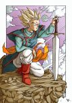  1boy arm_on_knee blonde_hair blue_shirt boots border closed_mouth cloud dragon_ball dragon_ball_z earrings floating_clothes green_eyes highres holding holding_sword holding_weapon jewelry kakeru_(dbskakeru) long_sleeves male_focus multiple_moons on_one_knee pants planted planted_sword purple_sky red_footwear serious shirt sky solo son_gohan spiked_hair super_saiyan super_saiyan_2 sword toriyama_akira_(style) weapon white_border white_pants wind z_sword 