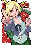  1girl antlers blonde_hair blue_shirt dragon_girl dragon_horns dragon_tail highres horns kicchou_yachie looking_at_viewer nioti red_eyes shirt short_hair smile square_neckline tail touhou turtle_shell yellow_horns 