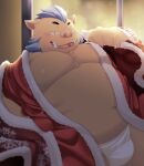 2023 anthro asian_clothing belly big_belly blush brown_body bulge christmas clothing east_asian_clothing fundoshi gouryou hi_res holidays humanoid_hands japanese_clothing kemono lifewonders male mammal moobs navel nipples overweight overweight_male solo suid suina sus_(pig) tokyo_afterschool_summoners tolsche underwear white_clothing white_fundoshi white_underwear wild_boar
