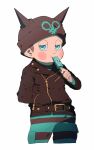  1boy animal_ear_headwear animal_ears aqua_bodysuit aqua_eyes beanie black_bodysuit black_headwear black_jacket black_sleeves blush_stickers bodysuit brown_hair buttons cat_ears collared_jacket commentary_request cowboy_shot danganronpa_(series) danganronpa_v3:_killing_harmony eating fake_animal_ears food half-closed_eyes hand_in_pocket hat holding holding_food holding_popsicle hoshi_ryoma jacket kogarashi_8 layered_sleeves leather leather_jacket long_sleeves looking_at_viewer male_focus mint_chocolate partial_commentary popsicle prison_clothes short_hair simple_background solo striped_bodysuit two-tone_bodysuit very_short_hair white_background zipper zipper_pull_tab 
