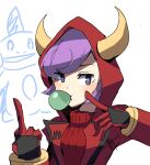  1girl chewing_gum courtney_(pokemon) cowlick dress fake_horns highres hood hooded_vest hoodie horned_headwear horned_hood horns index_finger_raised katsu_(katsupainter) long_sleeves marshtomp pokemon pokemon_(creature) pokemon_oras purple_eyes purple_hair red_dress red_hood ribbed_dress short_dress short_hair swept_bangs team_magma team_magma_uniform turtleneck_dress vest 