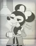 anthro bathrobe beverage bow_ribbon breasts clothed clothing coffee disney exposed_breasts female hi_res mammal minnie_mouse monochrome mouse murid murine partially_clothed pose robe rodent smile smug solo standing toony underwear weirdkoaladream