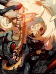  1boy 1girl absurdly_long_hair black_gloves blind blonde_hair blue_eyes bodysuit bridal_gauntlets brown_coat coat eddie_(guilty_gear) fingerless_gloves fur_hat gloves guilty_gear guilty_gear_strive hat highres long_hair long_sleeves millia_rage muscular muscular_male prehensile_hair red_blindfold sleeveless sleeveless_bodysuit ushanka very_long_hair worm89314 yellow_headwear zato-1 