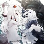  2girls abyssal_ship ahoge black_dress closed_eyes colored_skin dress highres kantai_collection long_hair mittens mittens_removed multiple_girls ne-class_heavy_cruiser northern_ocean_princess ruohire9 short_dress sleeveless sleeveless_dress smile white_dress white_hair white_skin 