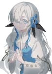 1girl blue_dress blue_flower blue_hair dress flower grey_eyes grey_hair hair_flower hair_ornament hair_over_one_eye highres isekai_joucho kamitsubaki_studio long_hair looking_at_viewer multicolored_hair nekoreito simple_background sketch smile solo steepled_fingers two-tone_dress two-tone_hair virtual_youtuber white_background white_dress 