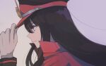  1girl black_hair cape closed_mouth collared_cape family_crest fate/grand_order fate_(series) gloves hand_on_headwear hat long_hair long_sleeves looking_ahead melb military_hat oda_nobunaga_(fate) oda_uri peaked_cap portrait red_cape red_eyes simple_background solo 