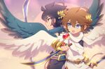  2boys absurdres ahoge angel angel_wings back-to-back black_scarf blue_eyes brown_hair dark_pit dual_wielding enni highres holding holding_sword holding_weapon kid_icarus kid_icarus_uprising laurel_crown male_focus multiple_boys open_mouth pit_(kid_icarus) red_eyes scarf siblings sword twins vambraces weapon wings 