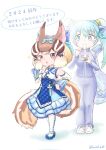  2girls animal_ears blue_eyes blue_hair brown_eyes brown_hair chipmunk_ears chipmunk_girl chipmunk_tail dress eating extra_ears food highres jersey kemono_friends kemono_friends_3 kemono_friends_v_project long_hair looking_at_viewer mochi multiple_girls ribbon saival_cat seiryuu_(kemono_friends) shoes short_hair siberian_chipmunk_(kemono_friends) simple_background sleeveless tail translation_request twintails virtual_youtuber 