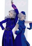  2girls arm_up bangs belt blue_dress blue_gloves dress elizabeth_(persona) gloves hairband hand_on_hip hat highres igor_(persona) margaret_(persona) medium_hair mini_hat multiple_girls persona persona_3 pose red_lips roru_(lol_dessin) short_hair siblings sisters smile v wavy_hair white_hair yellow_eyes 