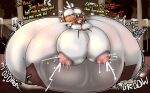 anthro antlers bell belly belly_expansion big_belly big_breasts big_butt big_nipples bodily_fluids breast_expansion breasts brown_body brown_fur butt clothing cum cum_in_pussy cum_inside deer dialogue excessive_lactation expansion female fur genital_fluids hair harness hi_res horn huge_breasts huge_butt huge_nipples hyper hyper_breasts hyper_butt hyper_lactation hyper_pregnancy jingle_bell lactating leaking_cum mammal mr-walrus neck_tuft nipples onomatopoeia pink_hair pregnant solo sound_effects text torn_bra tuft wardrobe_malfunction white_body white_fur