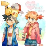  1boy 1girl :d ash_ketchum bangs baseball_cap black_hair blue_jacket blush brown_eyes buttons closed_mouth commentary eyelashes flying_sweatdrops gen_1_pokemon green_eyes hair_tie hand_up hat hatted_pokemon holding hood hooded_jacket jacket kash-phia long_sleeves looking_away misty_(pokemon) navel notice_lines on_head open_mouth orange_hair pikachu pink_jacket pokemon pokemon_(anime) pokemon_(creature) pokemon_on_head pokemon_swsh_(anime) shirt short_shorts short_sleeves shorts sleeveless sleeveless_jacket smile sweatdrop t-shirt tied_hair white_day white_shirt yellow_shirt 