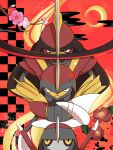  arm_blade bisharp branch closed_mouth commentary_request crescent_moon evolutionary_line flower highres kingambit looking_at_viewer moon pawniard pink_flower pokemon pokemon_(creature) red_background redamber334 weapon yellow_eyes 