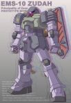  character_name clenched_hands commentary_request emblem english_text glowing glowing_eye gundam gundam_ms_igloo joy_(cyber_x_heaven) machinery mecha mecha_focus military mobile_suit no_humans one-eyed purple_eyes robot science_fiction shield thrusters variations zeon zudah 
