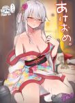  1girl absurdres akeome alternate_costume breasts cheese_(cheese_koubou) cleavage commentary_request drunk floral_print flower gangut_(kancolle) grey_hair hair_flower hair_ornament happy_new_year highres japanese_clothes jar kantai_collection kimono large_breasts long_hair medium_breasts red_eyes scar scar_on_cheek scar_on_face sitting solo tashkent_(kancolle) translation_request wariza white_kimono 