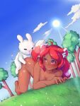  1girl :q absurdres animal animal_ears ass bare_shoulders bestiality blue_sky blush breasts cleavage cloud collarbone dark-skinned_female dark_skin doggystyle dutch_angle forest fox_ears fox_girl fox_tail grass highres interspecies kalia3see long_hair looking_back lying nature nude outdoors rabbit rabbit_ears red_eyes red_hair red_tail sex sky sweat tail terraria thighs tongue tongue_out top-down_bottom-up tree wavy_hair zoologist_(terraria) 