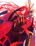  1girl absurdres black_bodysuit bodysuit cape chain collared_cape cowboy_shot dutch_angle evil_grin evil_smile family_crest fate/grand_order fate_(series) grin hair_over_one_eye highres holding holding_sword holding_weapon katana long_hair medallion oda_nobunaga_(fate) oda_nobunaga_(maou_avenger)_(fate) oda_uri popped_collar red_cape red_eyes red_hair simple_background smile solo standing sword tight_top weapon white_background yamamayuga472 