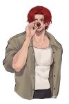  1boy absurdres buggy_the_clown buggy_the_clown_(cosplay) clown_nose cosplay facial_hair highres long_hair male_focus one_piece red_hair red_nose scar scar_across_eye scar_on_face shanks_(one_piece) shirt smile vamos_mk white_shirt 