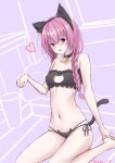  1girl absurdres animal_ear_fluff animal_ears arm_at_side bare_arms bell black_choker black_panties blush braid breasts cat_ears cat_lingerie cat_tail choker collarbone commentary_request fake_animal_ears fake_tail fang hair_between_eyes hand_up heart hetero highres jingle_bell knees_out_of_frame long_hair looking_at_viewer low_twin_braids meme_attire midriff mitsukasa_ayase mkn_yu navel neck_bell official_alternate_hairstyle open_mouth panties paw_pose pink_hair purple_background purple_eyes riddle_joker side-tie_panties simple_background sitting skin_fang small_breasts smile solo stomach tail tsurime twin_braids twitter_username underwear underwear_only wariza 