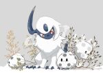  absol animal_focus branch breath bright_pupils claws colored_skin commentary forehead_jewel frown galarian_corsola grey_background highres horns mane midori8_10 no_humans pokemon pokemon_(creature) red_eyes single_horn sitting solid_oval_eyes symbol-only_commentary white_fur white_skin 