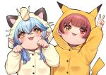  2girls :3 arm_up bangs blue_hair blush character_request cosplay eyebrows_visible_through_hair fang fangs gen_1_pokemon hands_up heterochromia highres hololive houshou_marine kigurumi long_sleeves looking_at_viewer meowth meowth_(cosplay) mikan_(chipstar182) multiple_girls open_mouth paw_pose pikachu pikachu_(cosplay) pokemon red_eyes shiny shiny_hair simple_background skin_fangs smile upper_body v white_background yellow_eyes yukihana_lamy 
