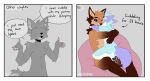 2023 anthro artist_name blue_body blue_fur brown_body brown_fur canid canine cuddling dialogue digital_media_(artwork) english_text fox fur grey_body grey_fur male mammal maned_wolf pawpads pink_pawpads speech_bubble spraykitty text white_body white_fur