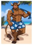 2023 2_horns anthro artist_name beach blue_clothing blue_swimwear blurred_background border bottomwear bovid bovine brown_body brown_fur brown_hair cattle clothed clothing eyebrows fur green_eyes hair hi_res hooves horn male mammal muscular muscular_male navel outside pattern_bottomwear pattern_clothing pecs pink_nose rook_kawa seaside shadow solo standing swimming_trunks swimwear tail tail_tuft topless towel tuft white_border
