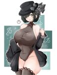  1girl ? absurdres ashy_(dankestsin) bare_shoulders black_bow black_hair black_headwear black_jacket black_leotard black_thighhighs bob_cut bow breasts covered_navel cowboy_shot green_background hair_over_one_eye hat hat_bow highres jacket lace-trimmed_thighhighs large_breasts leotard looking_at_viewer necrologist off_shoulder open_clothes open_jacket reverse:1999 short_hair sideboob sleeveless_turtleneck_leotard smile solo spoken_question_mark thick_thighs thighhighs thighs top_hat two-tone_background white_background yellow_eyes 