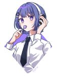  1girl blue_hair blue_necktie blush candy character_name collared_shirt commentary cropped_torso dress_shirt food hair_ornament headphones holding holding_candy holding_food holding_lollipop kashikaze koshimizu_toru lollipop long_sleeves looking_at_viewer necktie nijisanji purple_eyes school_uniform shirt short_hair sidelocks simple_background solo transparent_background upper_body virtual_youtuber white_shirt 