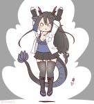  1girl animal_ears black_dragon_(kemono_friends) black_hair boots coat coroha dragon_girl dragon_horns dragon_tail elbow_gloves extra_ears fingerless_gloves full_body gloves grey_background horns jumping kemono_friends kemono_friends_3 long_hair looking_at_viewer shirt simple_background skirt solo tail thighhighs white_coat 