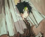  1boy ahoge black_hair brown_shirt curtains detached_ahoge green_eyes looking_to_the_side multicolored_hair open_mouth original seeshin_see shirt simple_background solo_focus sweatdrop two-tone_hair 