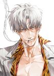  1boy akagi_shigeru animal_print black_eyes blazer cigarette closed_mouth expressionless fukumoto_mahjong grey_hair hair_between_eyes highres houlong_siche jacket looking_at_viewer male_focus medium_bangs old old_man pectoral_cleavage pectorals pinstripe_jacket pinstripe_pattern portrait print_shirt sanpaku shirt short_hair simple_background smoke smoking solo striped ten_(manga) tiger_print white_background white_jacket wrinkled_skin 