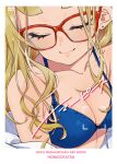  1girl bikini blonde_hair blue_bikini blush breasts cleavage closed_eyes collarbone commentary_request dekomegane earrings glasses highres jewelry long_hair original sasetsu small_breasts smile solo stud_earrings swimsuit thick_eyebrows 