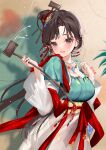  1girl :d absurdres artist_name black_eyes black_hair blush breasts brown_background chinese_clothes chinese_hairpin dipper facial_mark forehead_mark green_background green_shirt hair_bun hair_ornament hands_up hanfu hecha_(01964237) highres holding holding_spoon jewelry jiu_niangzi layered_sleeves long_hair long_skirt long_sleeves looking_at_viewer necklace red_shawl reverse:1999 shadow shawl shirt short_over_long_sleeves short_sleeves signature single_side_bun sketch skirt smile solo spill spoon tassel tassel_hair_ornament two-tone_background upper_body white_sleeves yellow_skirt 