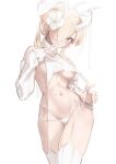  1girl absurdres blonde_hair blush breasts cameltoe commentary completion_time curled_horns detached_sleeves english_commentary finger_to_mouth garter_straps hair_over_one_eye highres horns looking_at_viewer low_twintails medium_breasts medium_hair meme_attire navel no_bra original p-san_(sansin) panties pointy_ears pulled_by_self revealing_clothes ribbed_sleeves ribbed_thighhighs sideboob sleeves_past_wrists solo strap_pull thigh_gap thighhighs turtleneck twintails underboob underwear virgin_destroyer_sweater white_background white_garter_straps white_horns white_panties white_thighhighs yellow_eyes 