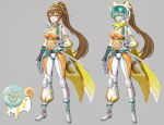  1girl ass bodysuit breasts brown_hair character_name eating gloves green_eyes hair_ribbon helmet highres long_hair looking_at_viewer medium_breasts multiple_views open_mouth orange_bodysuit original pafekui ponytail ribbon scarf science_fiction shiba_inu space two-tone_bodysuit very_long_hair white_bodysuit white_footwear white_gloves yellow_ribbon yellow_scarf 