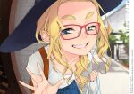  1girl bag blonde_hair blue_eyes blue_skirt blush commentary_request day dekomegane fisheye glasses hat holding holding_bag long_hair looking_at_viewer original outdoors red-framed_eyewear sasetsu shirt skirt smile solo teeth thick_eyebrows white_shirt 