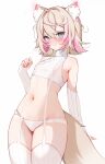  1girl animal_ears bare_shoulders blonde_hair blue_eyes blush breasts commentary cowboy_shot crop_top detached_sleeves dog_ears dog_girl dog_tail groin highres hololive hololive_english koahri large_tail looking_at_viewer midriff mococo_abyssgard multicolored_hair navel nose_blush panties pink_hair short_hair sleeveless sleeveless_turtleneck small_breasts solo standing stomach streaked_hair sweater tail thighhighs thighs turtleneck underwear virtual_youtuber white_panties white_sweater white_thighhighs 