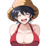  1girl :d absurdres bare_shoulders black_hair breasts cleavage closed_eyes collarbone dot_nose facial_hair genderswap genderswap_(mtf) hair_between_eyes happy hat head_tilt highres large_breasts monkey_d._luffy one_piece open_mouth portrait red_shirt scar scar_on_cheek scar_on_face shirt short_hair sidelighting simple_background sleeveless sleeveless_shirt smile solo sori_6403 straw_hat teeth tongue upper_teeth_only v-shaped_eyebrows white_background 