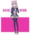  1girl animal_ear_headphones animal_ears black_jacket black_shirt black_thighhighs brown_hair brown_skirt cat_ear_headphones cat_ears character_name chi_gu danganronpa_(series) danganronpa_2:_goodbye_despair dress_shirt fake_animal_ears flipped_hair galaga handheld_game_console headphones highres holding holding_handheld_game_console invisible_chair jacket looking_at_viewer medium_hair miniskirt nanami_chiaki open_clothes open_jacket pink_bag pink_eyes pink_footwear pleated_skirt shirt shoes sitting skirt solo thighhighs white_background white_shirt 