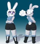 absurd_res anthro ashely_winters_(guak) big_breasts boots bottomwear breasts clothing female fluffy fluffy_hair fluffy_tail footwear front_view fur grey_body grey_fur guak hair hi_res humanoid lagomorph leporid mammal model_sheet ponytail purple_eyes rabbit rear_view shorts simple_background solo tail thick_thighs white_body white_fur wide_hips